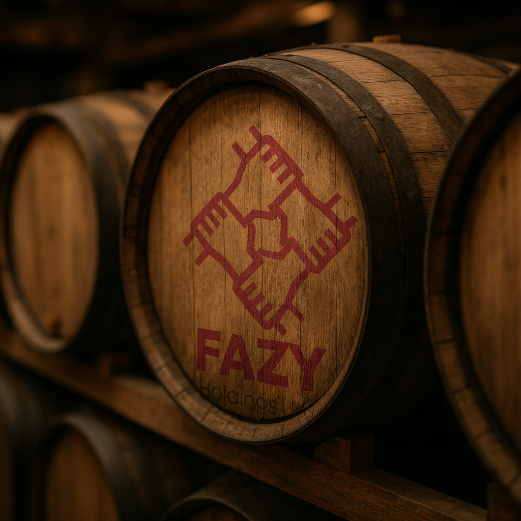 FAZY-branded whiskey barrels aging in a rickhouse