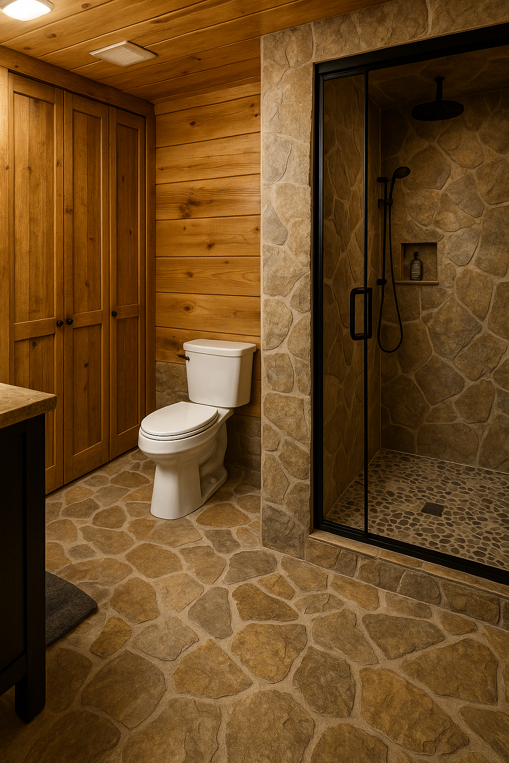 Future remodeled guest bathroom with stone floors, stone tile walls, and black framed shower glass