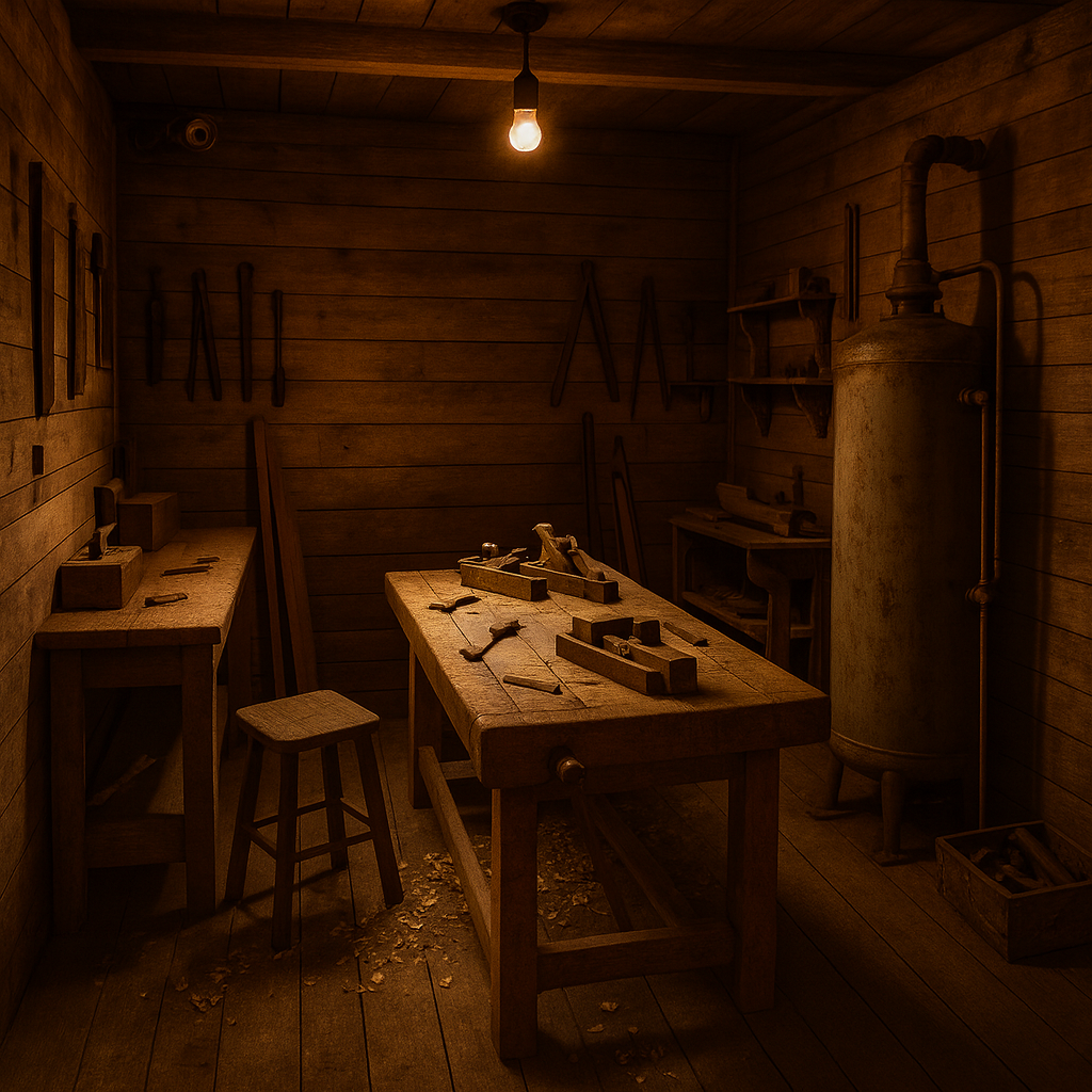 Historic-style woodworking workshop with tools and pine walls